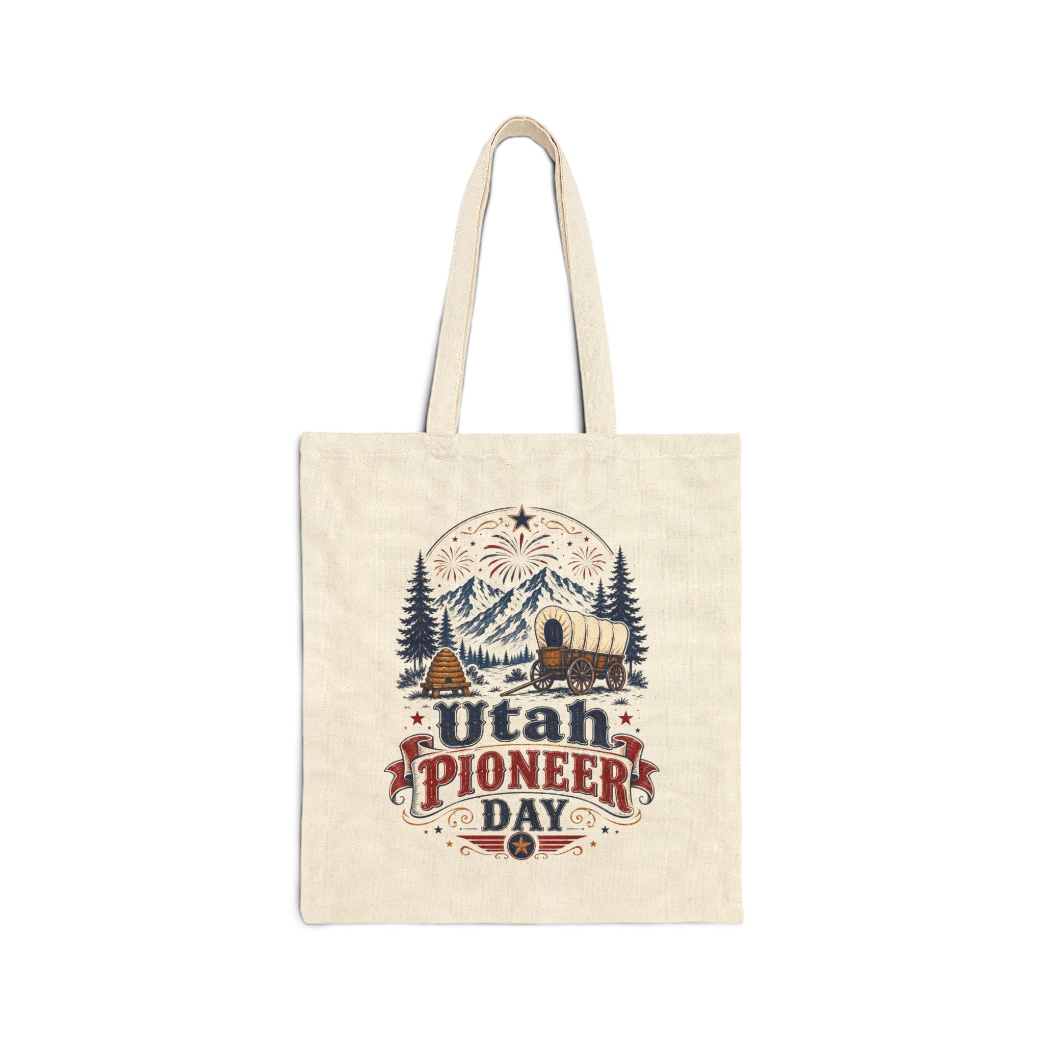 Utah Pioneers Day Canvas Tote - Vintage Covered Wagon & Mountain Cotton Bag