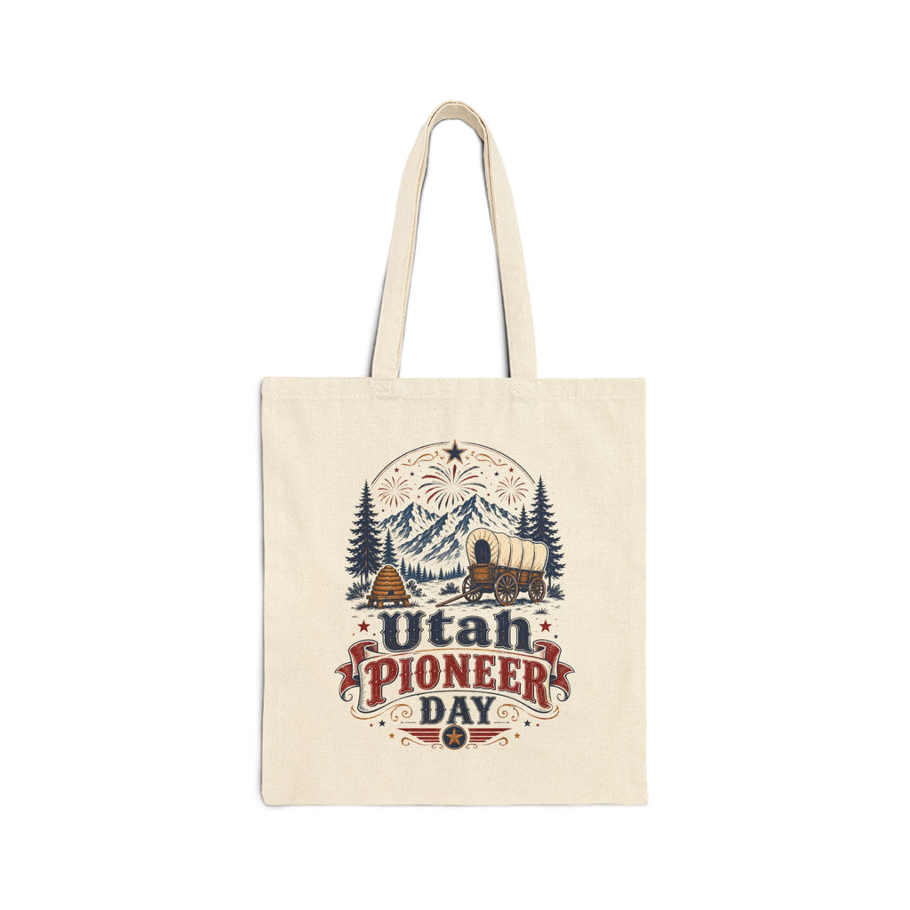 Utah Pioneers Day Canvas Tote - Vintage Covered Wagon & Mountain Cotton Bag
