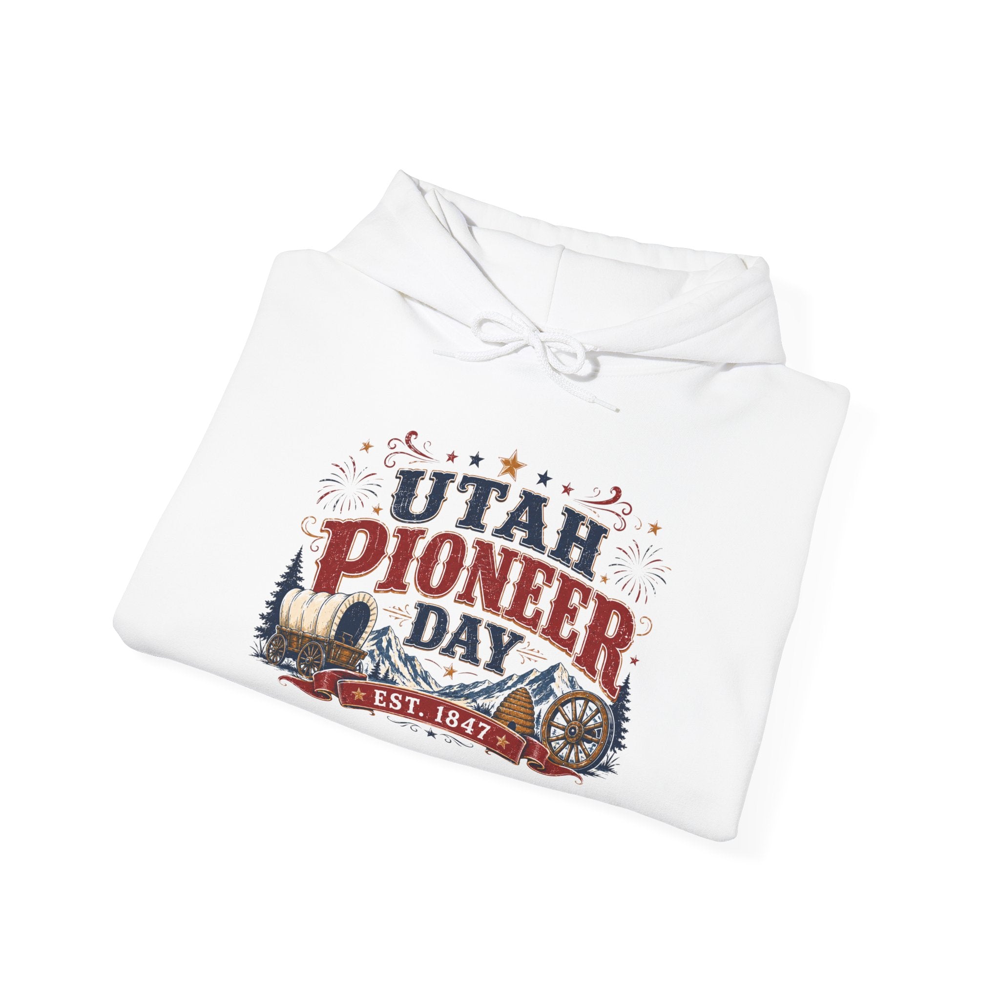 Utah Pioneer Day Hoodie – Vintage Mountain & Wagon Design, Est. 1847