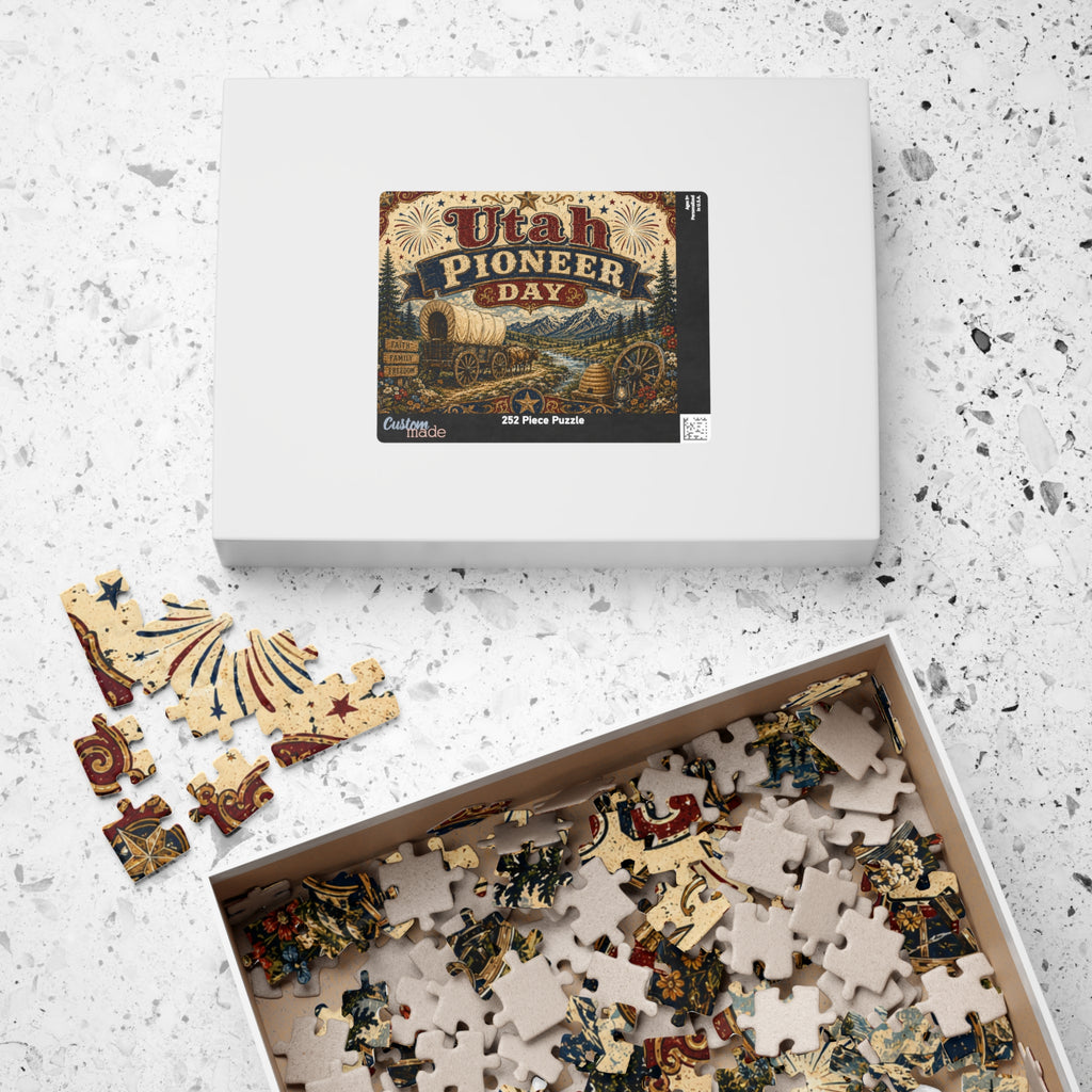 Utah Pioneer Day Puzzle — Vintage Wagon & Mountain Scene (110–252 pcs)