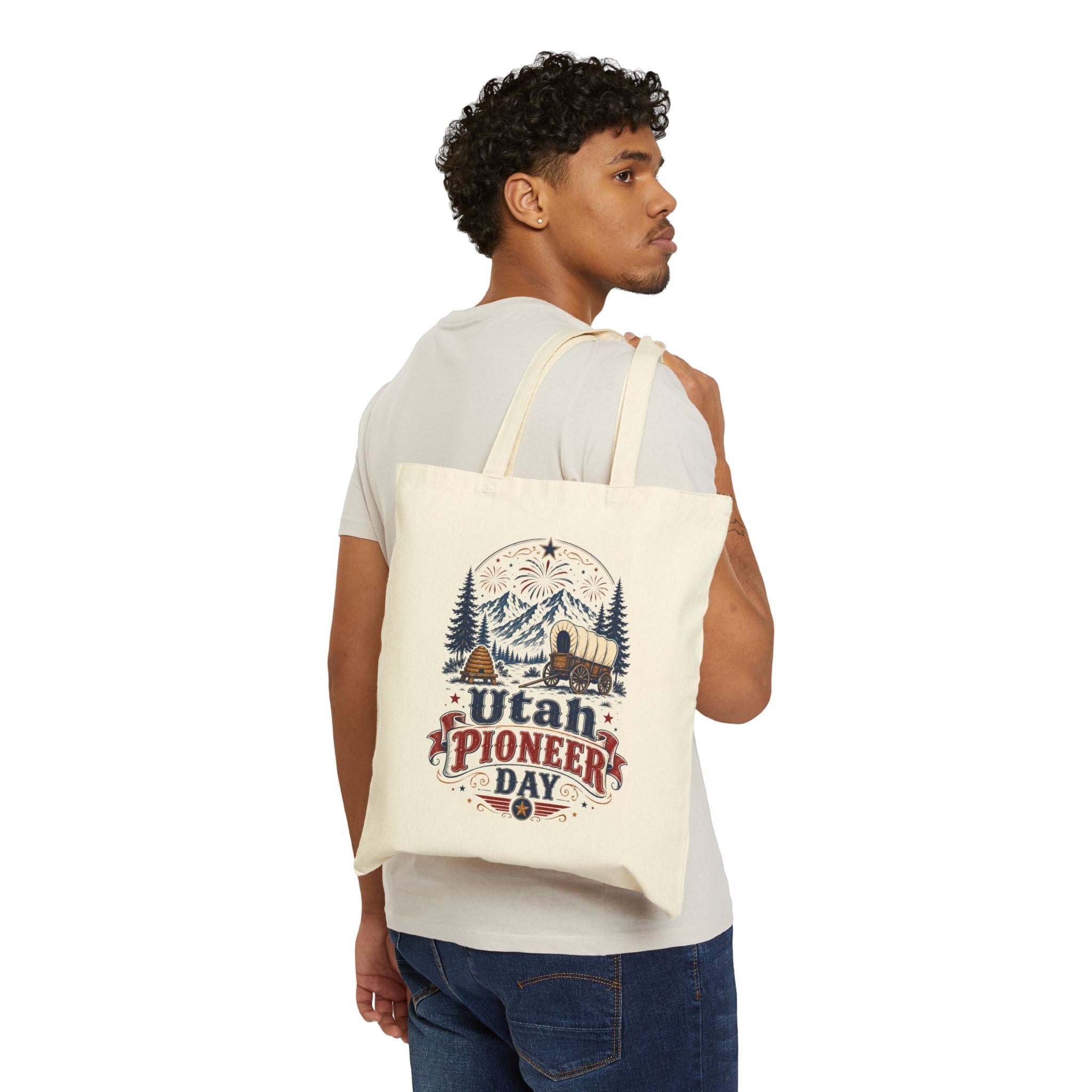 Utah Pioneers Day Canvas Tote - Vintage Covered Wagon & Mountain Cotton Bag