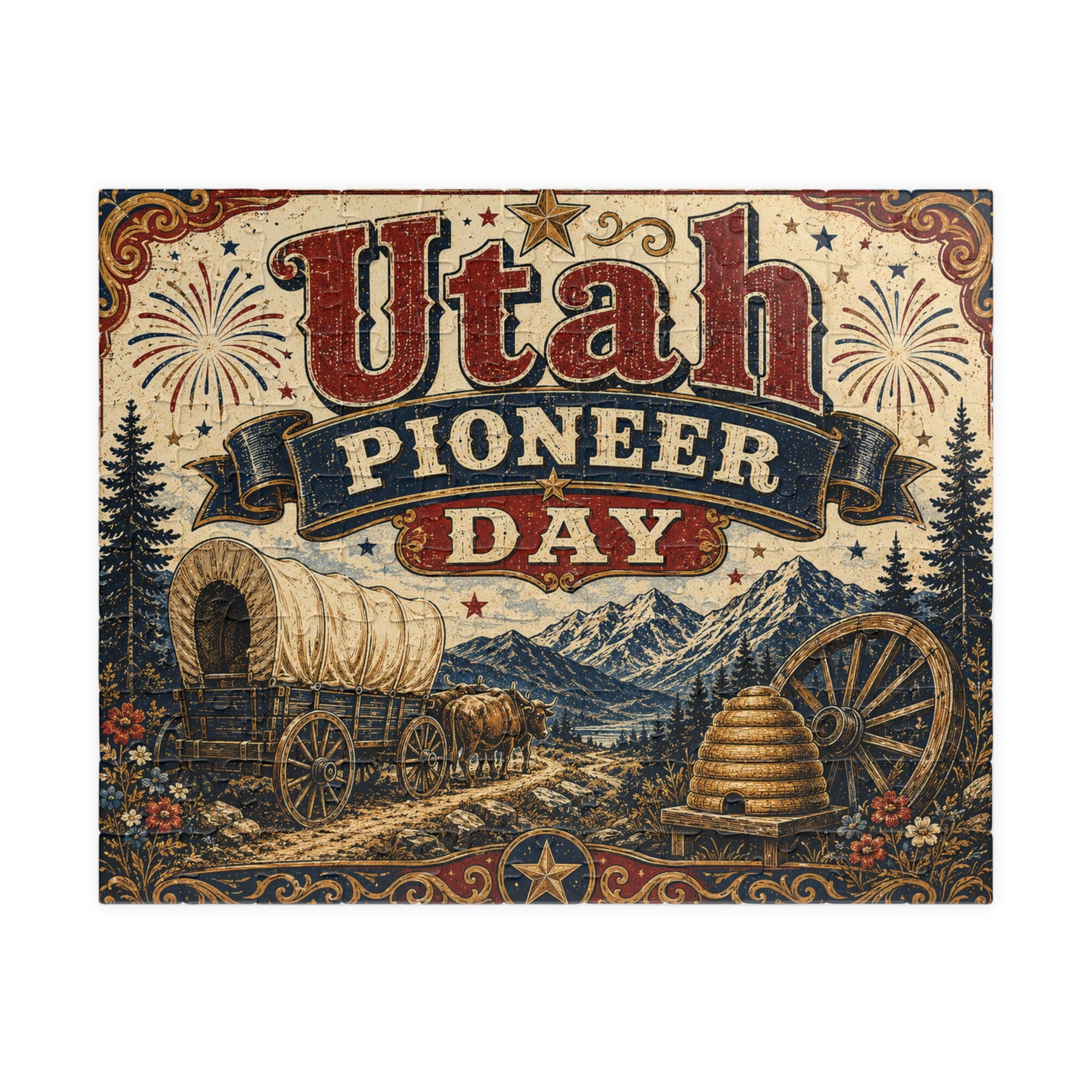 Utah Pioneer Day Puzzle — Vintage Wagon & Mountain Scene (110–252 pcs)