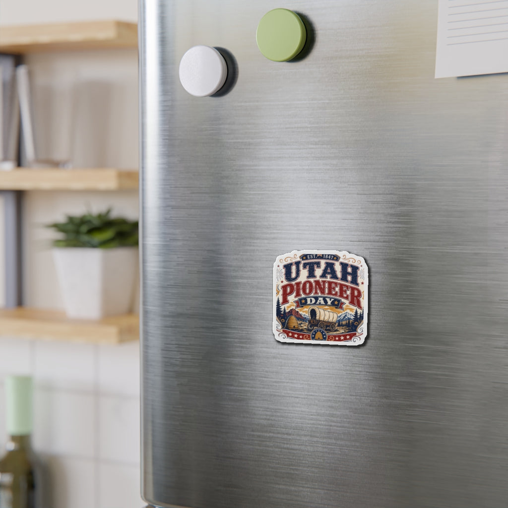 Utah Pioneer Day Die-Cut Magnet — Covered Wagon Retro Keepsake