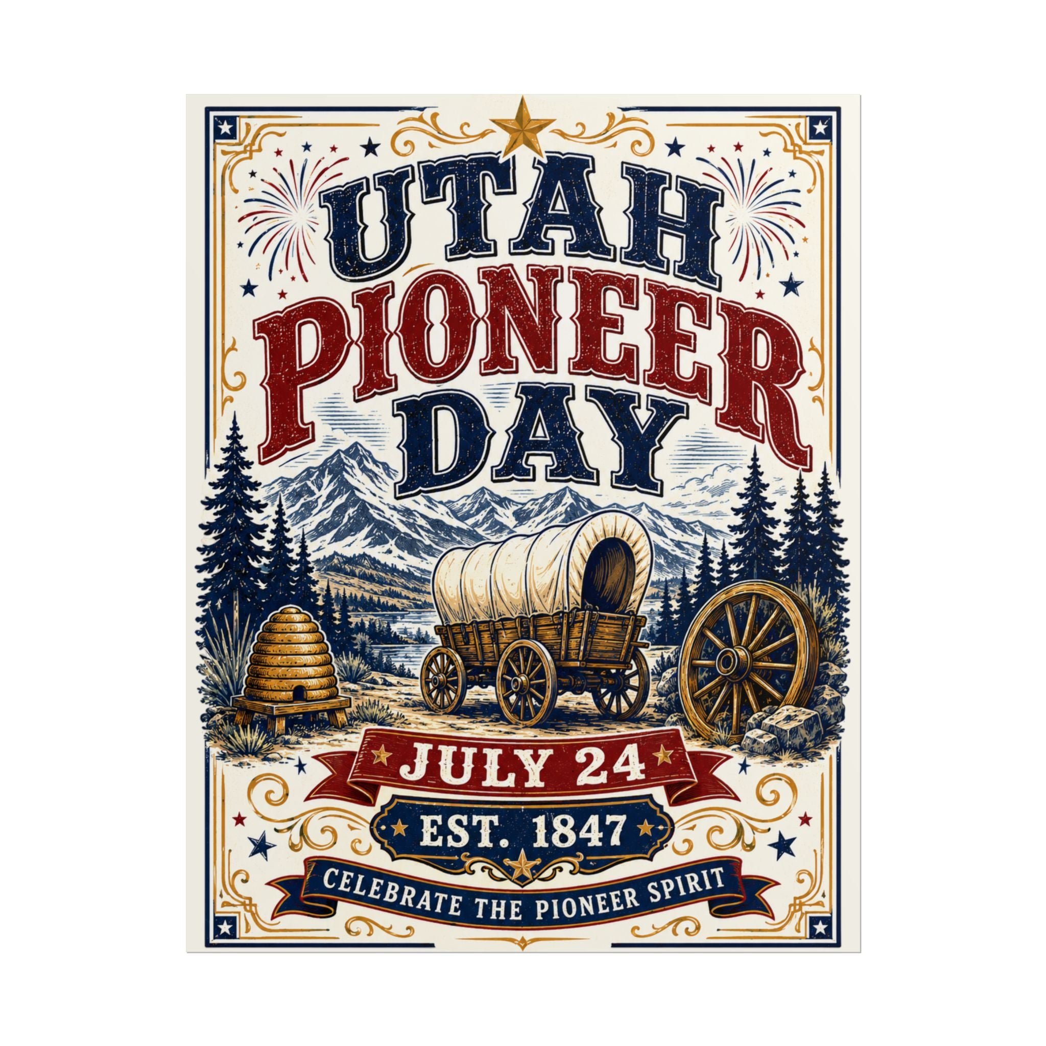 Utah Pioneer Day Poster - July 24 Vintage Wagon Print