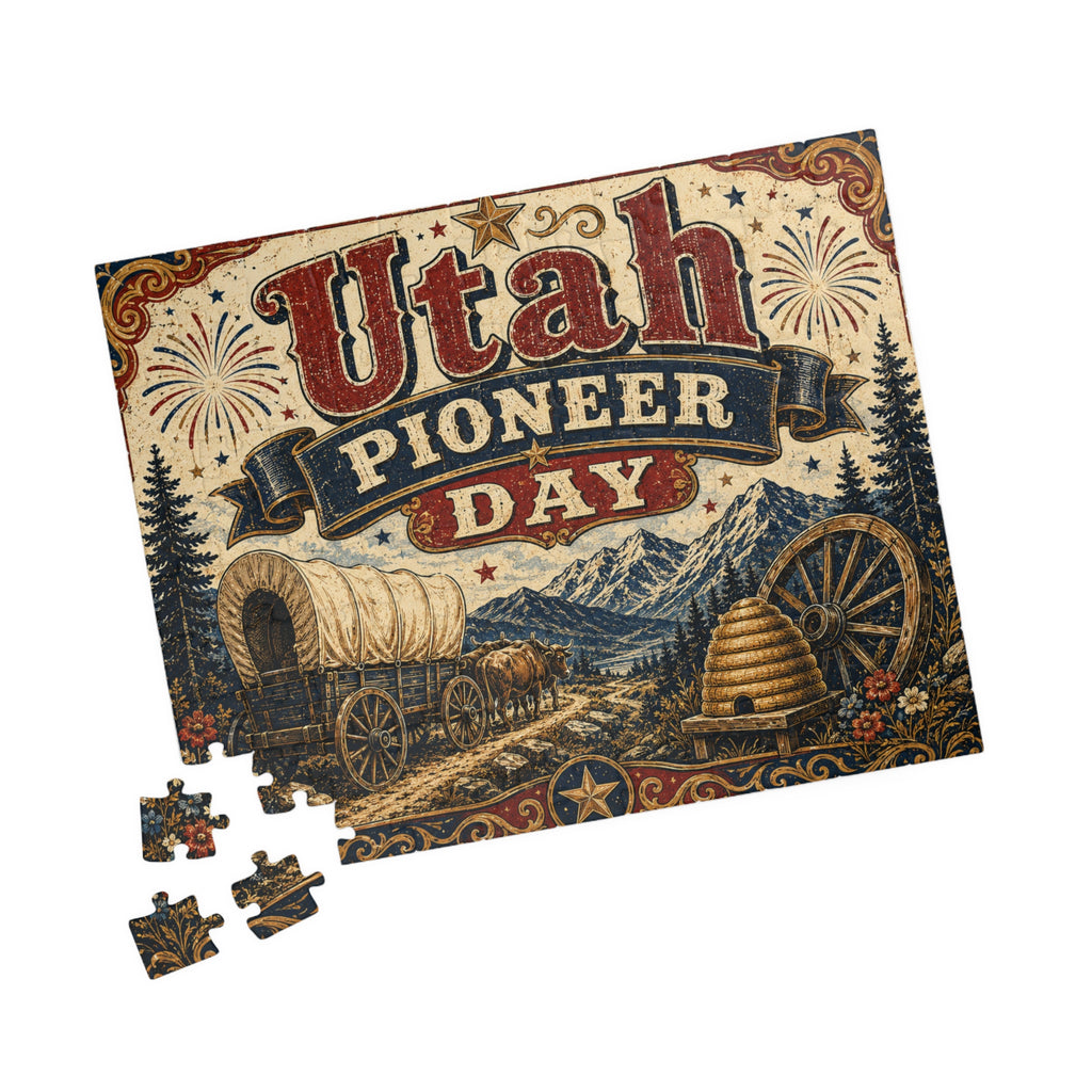 Utah Pioneer Day Puzzle — Vintage Wagon & Mountain Scene (110–252 pcs)
