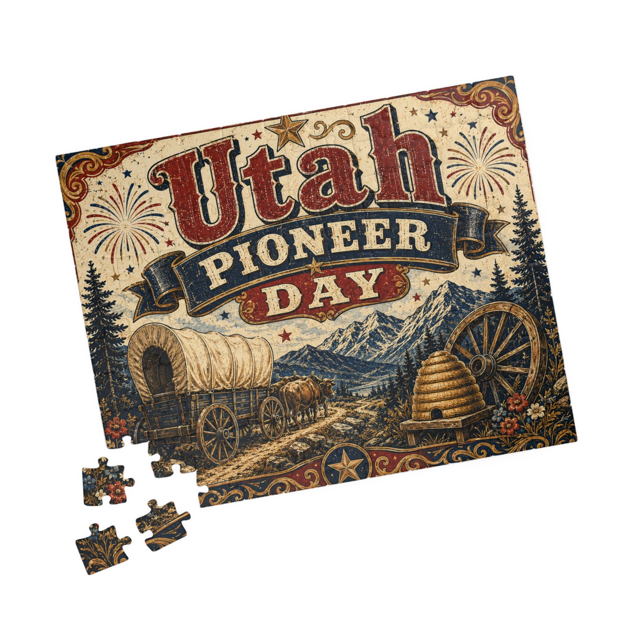 Utah Pioneer Day Puzzle — Vintage Wagon & Mountain Scene (110–252 pcs)