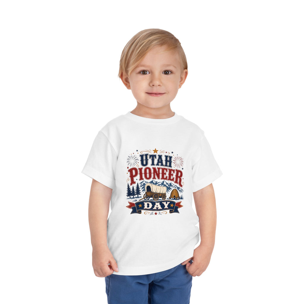 Utah Pioneer Day Toddler Tee — Kids Patriotic Wagon & Fireworks Shirt