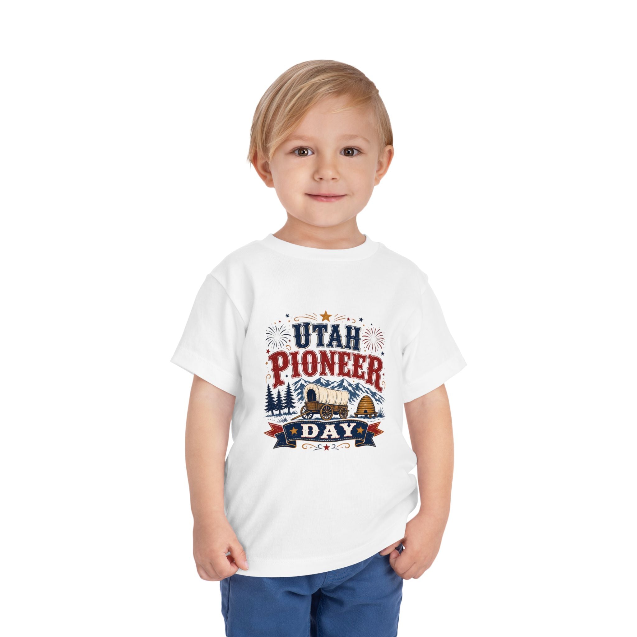 Utah Pioneer Day Toddler Tee — Kids Patriotic Wagon & Fireworks Shirt