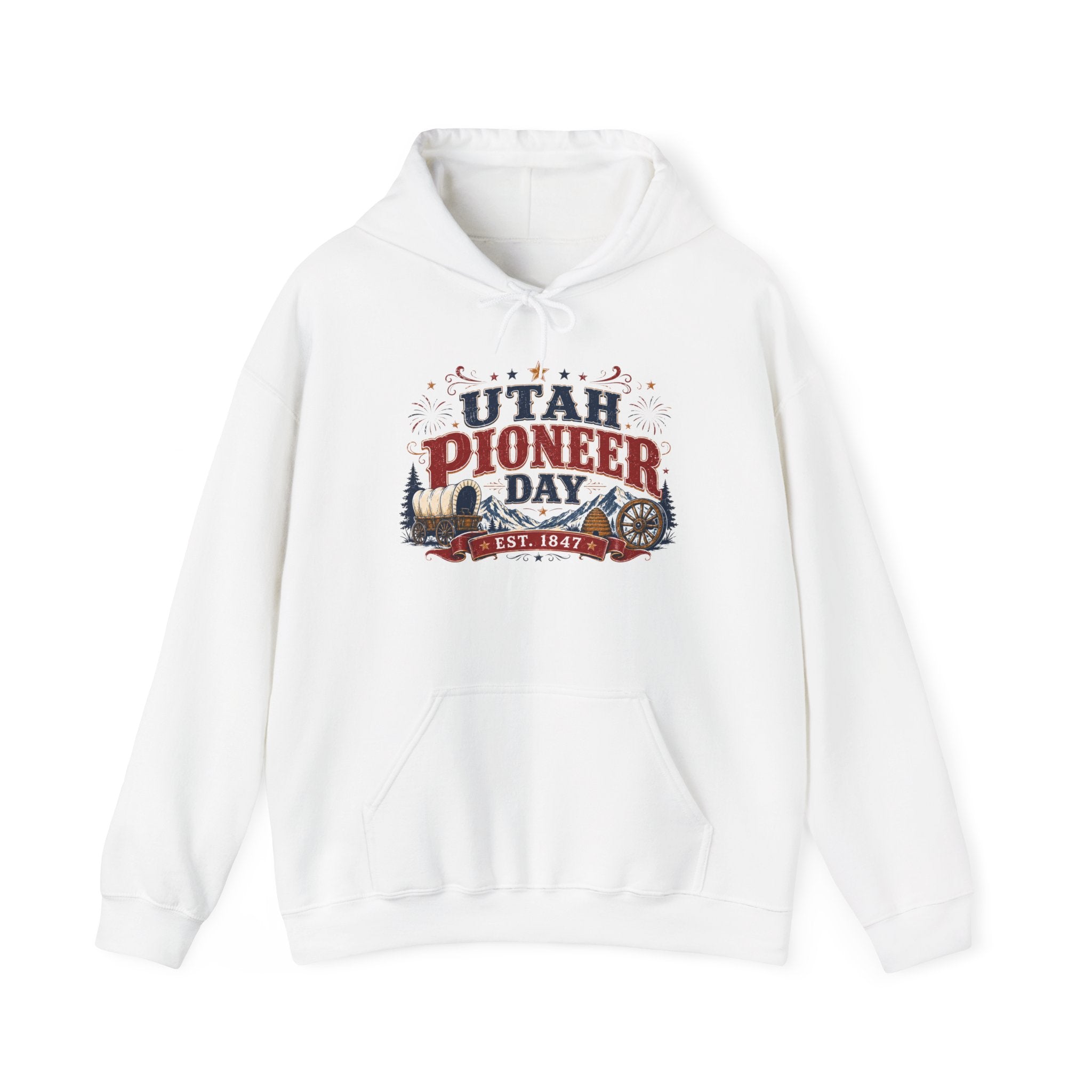 Utah Pioneer Day Hoodie – Vintage Mountain & Wagon Design, Est. 1847