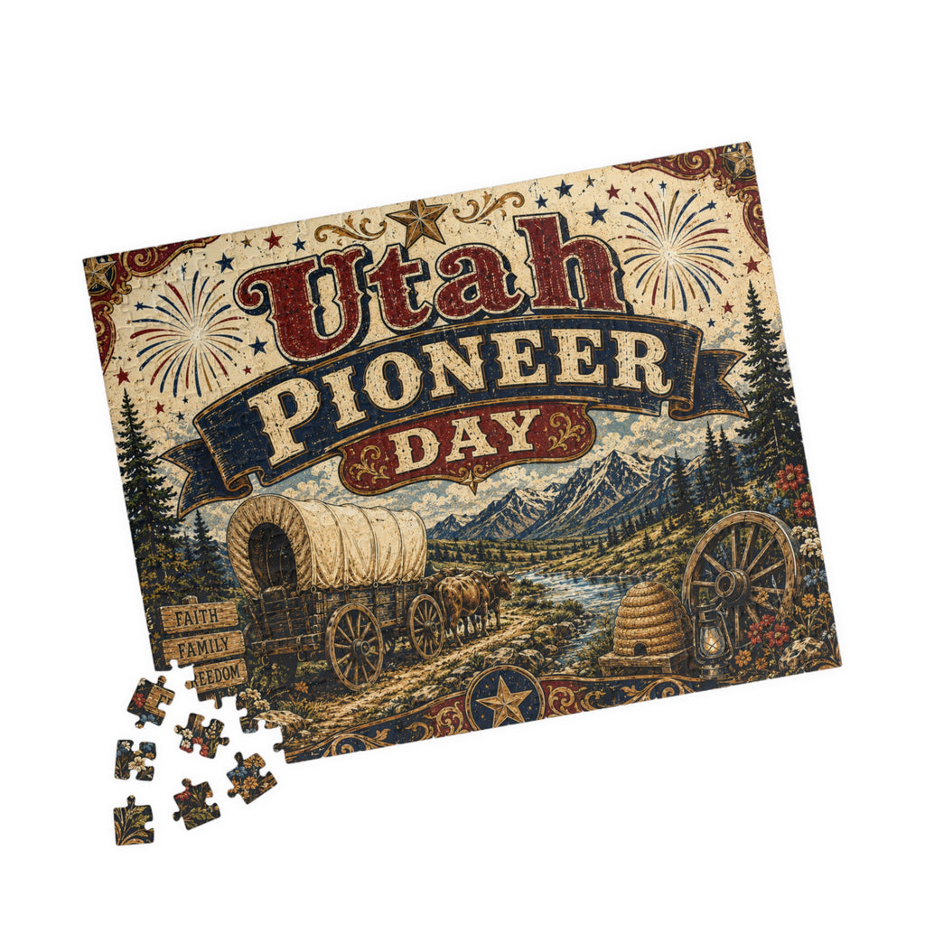 Utah Pioneer Day Puzzle — Vintage Wagon & Mountain Scene (110–252 pcs)